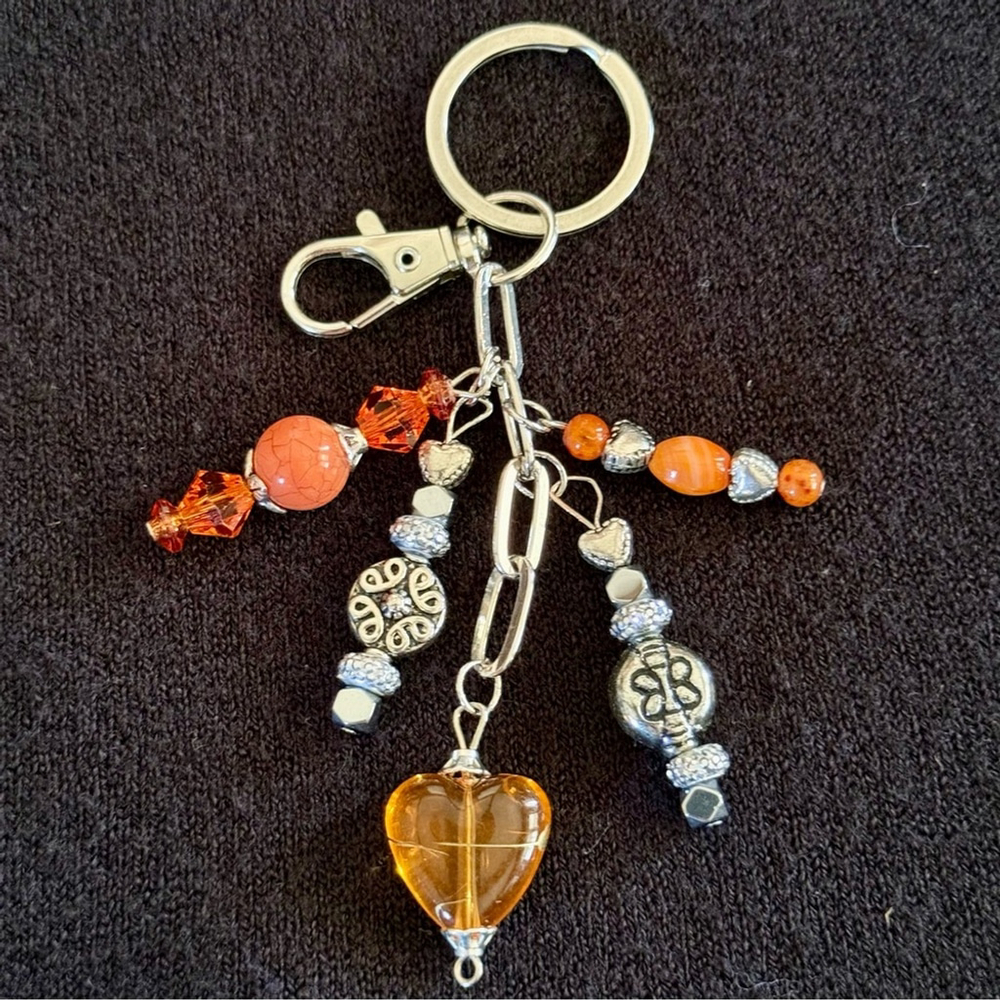 NEW Orange Heart Handmade Bag Charm Keychain One of a Kind Beaded Crystal